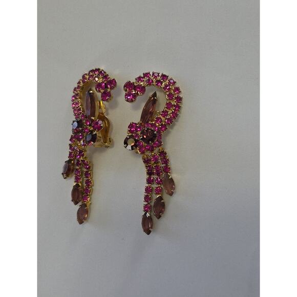 VTG Juliana Delizza Elster Earrings Purple Pink Ornate Dangle Waterfall Clip On - Picture 7 of 12